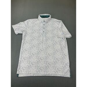 GREYSON Polo Shirt Mens M White Blue Fox Print Stretch Performance Button Collar